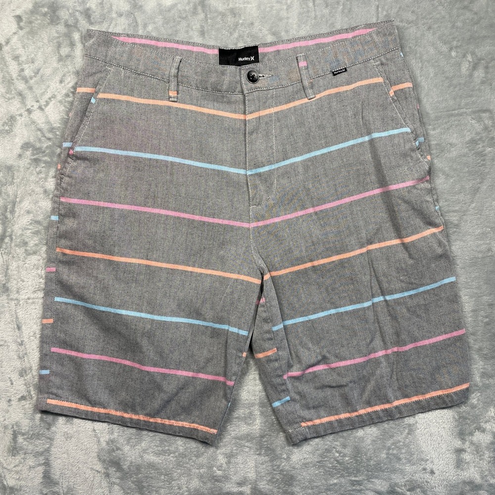 Hurley Chino Shorts Men 32 Grey Multi-Color Striped Casual Flat Front‎